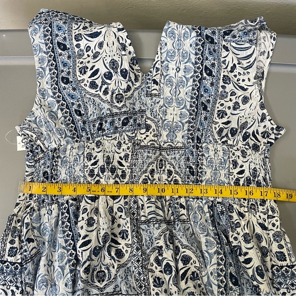 NWT Cottagecore Blue White Floral Midi Dress V Neck Cotton Boho Block Print XL - Picture 9 of 11